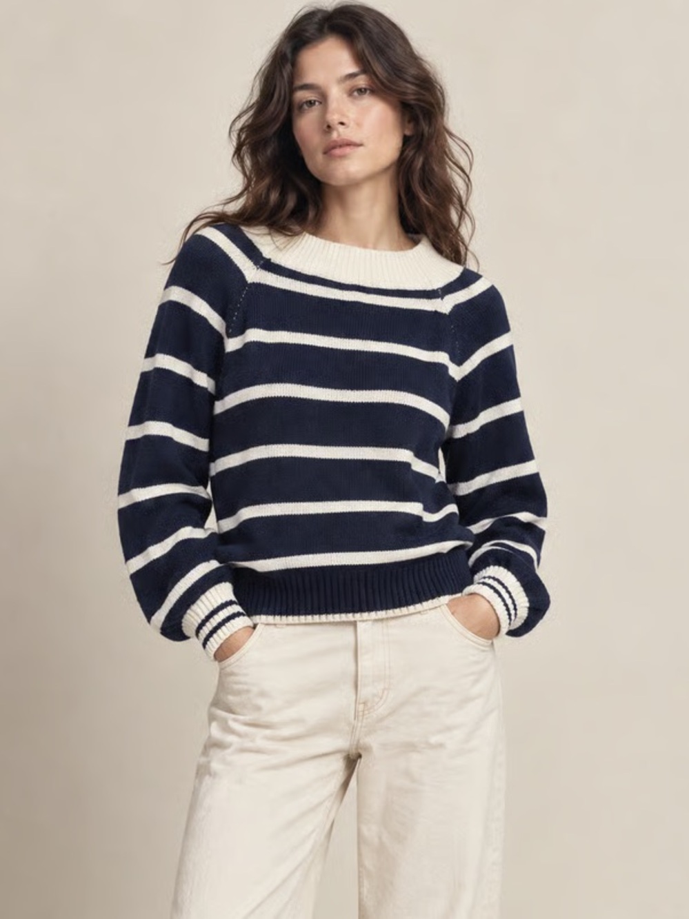 Together Navy and Cream Off-the-Shoulder Striped Sweater